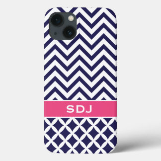 Etui iPhone Case-Mate Monogramme personnalisé bleu marine et rose Chevro
