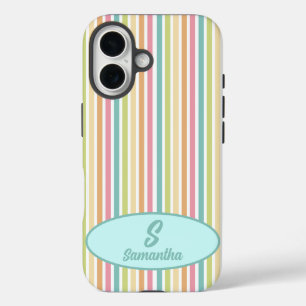 Coque Pour iPhone 16 Monogramme Personnalisé Brillant Pastel Stripes
