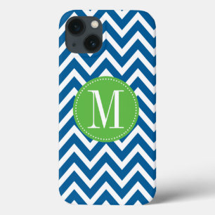 iPhone 13 Coque Monogramme personnalisé Chevron vert et bleu