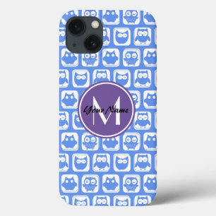Coques Pour iPhone Monogramme personnalisé Chouette bleue et Lilac Pe