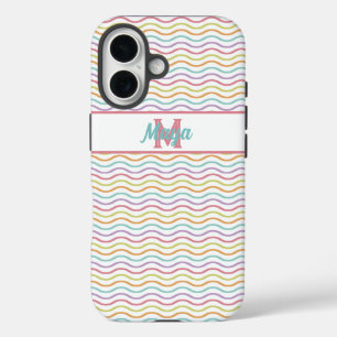 Coque Pour iPhone 16 Monogramme personnalisé Colorful Wavy Stripes Past