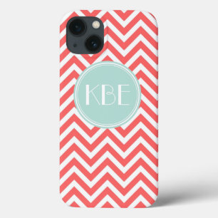 Coques Pour iPhone Monogramme personnalisé Coral et Mint Chevron