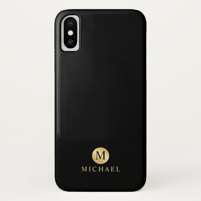 Coques Case-Mate iPhone Monogramme personnalisé de luxe noir et or (Dos)