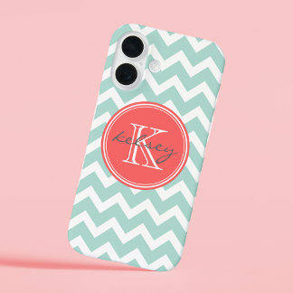 Coques iPhone 16 Monogramme personnalisé de menthe et corail Chevro