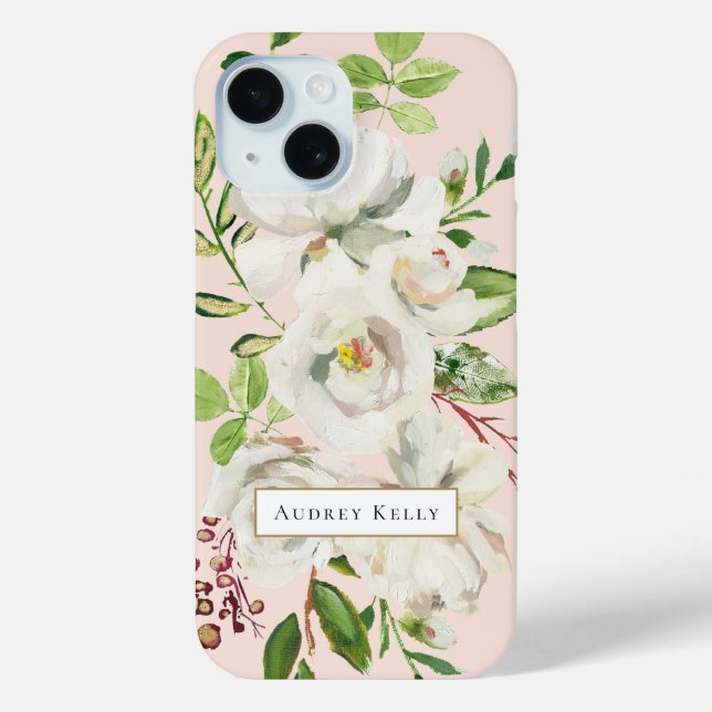 Coques Case-Mate iPhone Monogramme personnalisé des fleurs dorées | Blush (Verso)