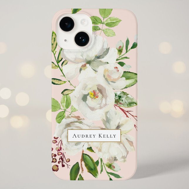 Coques Case-Mate iPhone Monogramme personnalisé des fleurs dorées | Blush (Créateur téléchargé)