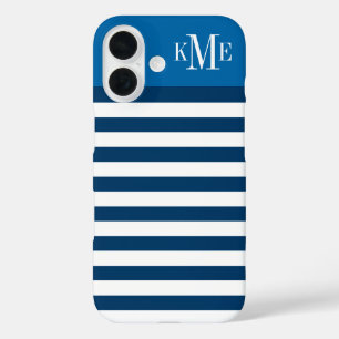 Coques iPhone 16 Monogramme personnalisé des rayures de la marine b