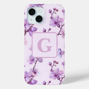 Coque Case-Mate iPhone monogramme personnalisé fleurs de cerisier pourpre