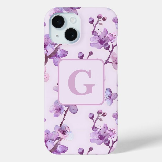 Coques Case-Mate iPhone monogramme personnalisé fleurs de cerisier pourpre (Verso)
