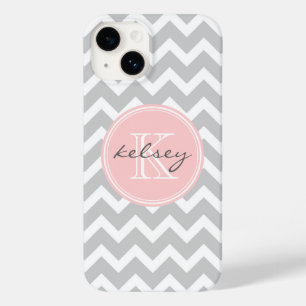 Coques Pour iPhone Monogramme personnalisé Gris et Rose Chevron