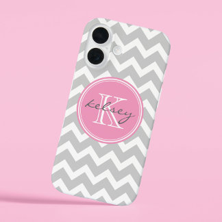 Coques iPhone 16 Monogramme personnalisé Gris et Rose Chevron