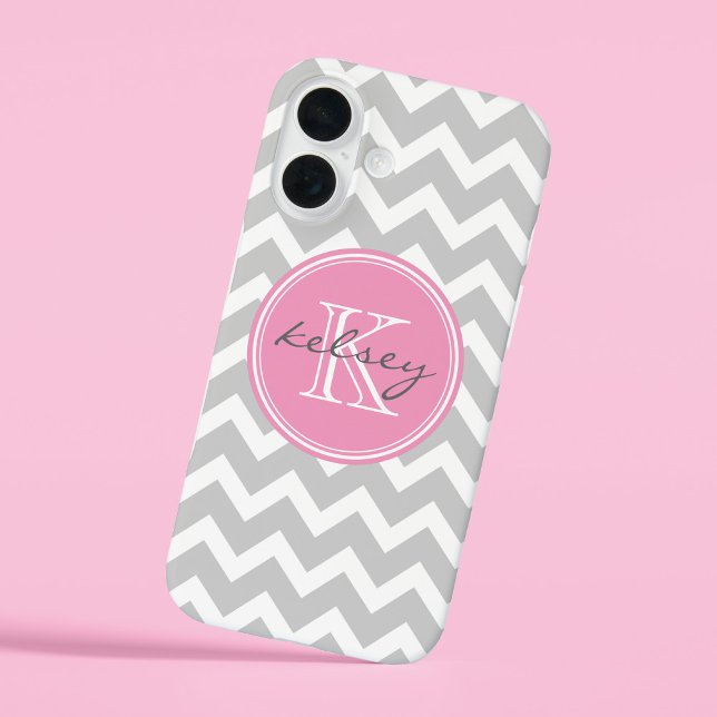 Coques Case-Mate iPhone Monogramme personnalisé Gris et Rose Chevron (Créateur téléchargé)