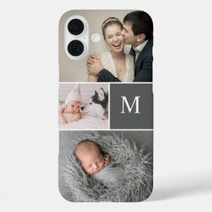 Coque Pour iPhone 16 Plus Monogramme personnalisé gris moderne Collage photo
