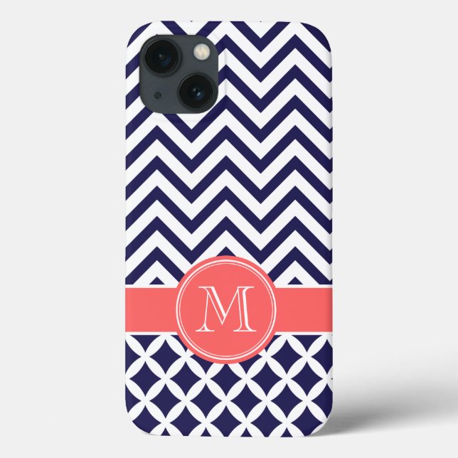 Coques Case-Mate iPhone Monogramme personnalisé Navy Blue et Coral Chevron (Verso)