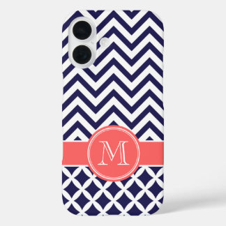 Coques iPhone 16 Monogramme personnalisé Navy Blue et Coral Chevron
