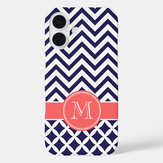 Coques Case-Mate iPhone Monogramme personnalisé Navy Blue et Coral Chevron (Verso)