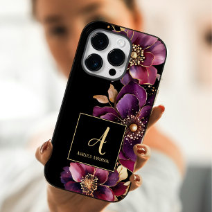 Coque Case-Mate iPhone Monogramme Personnalisé Noir Floral Violet