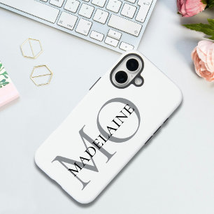 Coque Pour iPhone 16 Plus Monogramme personnalisé Nom noir et blanc