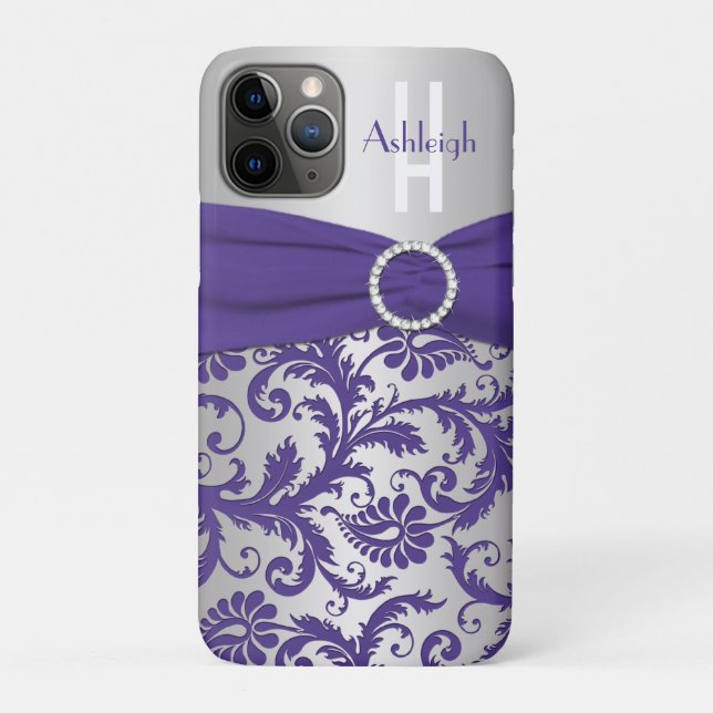 Coques Case-Mate iPhone Monogramme personnalisé Purple et Argent Damas (Dos)