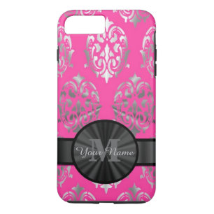 Coque Case-Mate iPhone monogramme personnalisé rose et argent damassé