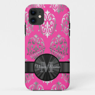 Coque Case-Mate Pour iPhone monogramme personnalisé rose et argent damassé