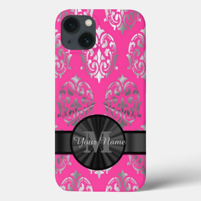 Coques Case-Mate iPhone monogramme personnalisé rose et argent damassé (Verso)