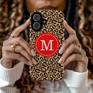 Coques iPhone 16 Monogramme personnalisé rouge et Empreinte de léop