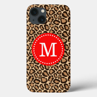 iPhone 13 Coque Monogramme personnalisé rouge et Empreinte de léop
