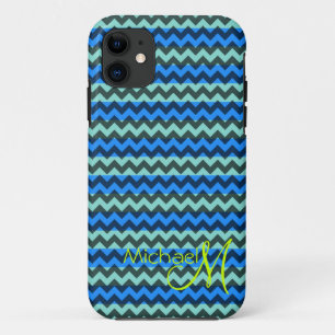 Coque iPhone 11 Monogramme personnalisé Vert Bleu Chevron Zigzag