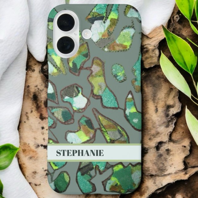 Coques Case-Mate iPhone Monogramme personnalisé vert brun abstrait nature  (Créateur téléchargé)