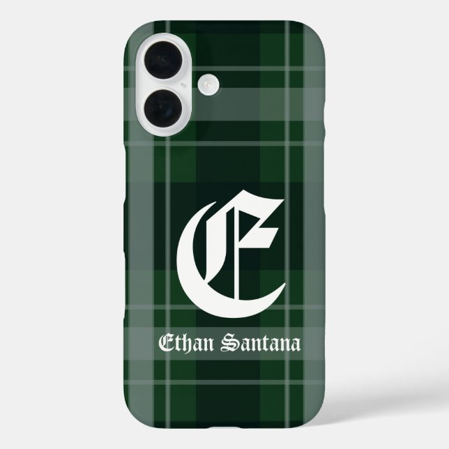 Coques Case-Mate iPhone Monogramme personnalisé vert foncé Plaid (Verso)