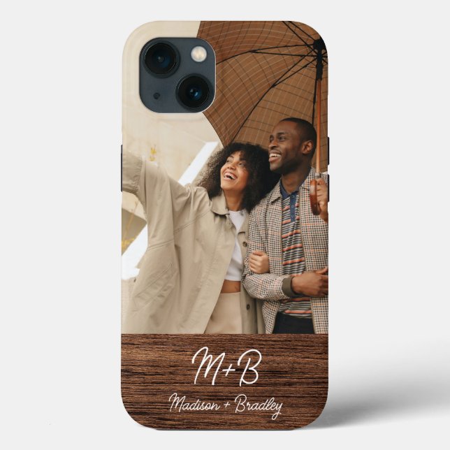 Coques Case-Mate iPhone Monogramme Photo Couple Wood Nom personnalisé (Verso)