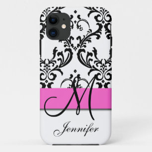 Coques Pour iPhone Monogramme Pink Black White Swirls Damask