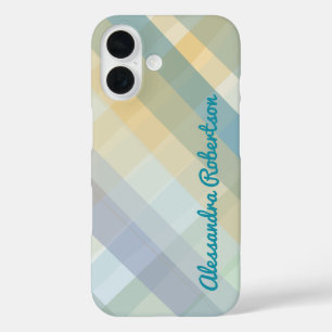 Coque Pour iPhone 16 Monogramme Plaid Pastel Bleu Turquoise Jaune Vert