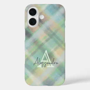 Coque Pour iPhone 16 Monogramme plaid pastel vert gris jaune turquoise