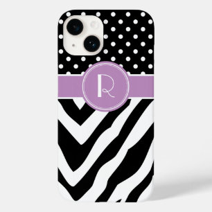 Coque Pour iPhone 14 Monogramme Pois de Zèbre noir et violet