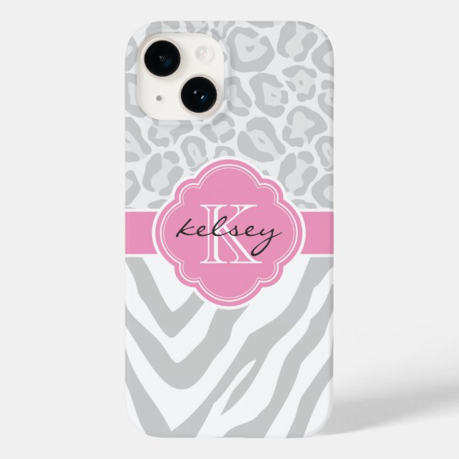 Coques Case-Mate iPhone Monogramme Poster de animal gris et rose (Verso)