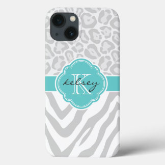 Etui iPhone 13 Monogramme Poster de animal gris et turquoise