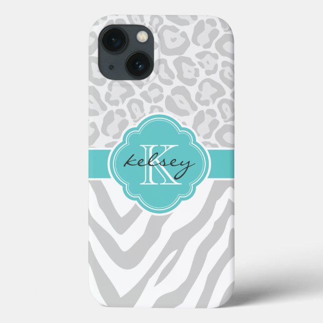 Coques Case-Mate iPhone Monogramme Poster de animal gris et turquoise (Verso)