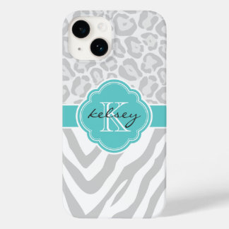 Coque Pour iPhone 14 Monogramme Poster de animal gris et turquoise