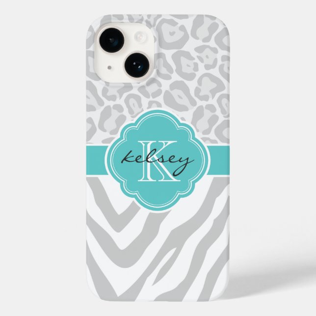 Coques Case-Mate iPhone Monogramme Poster de animal gris et turquoise (Verso)