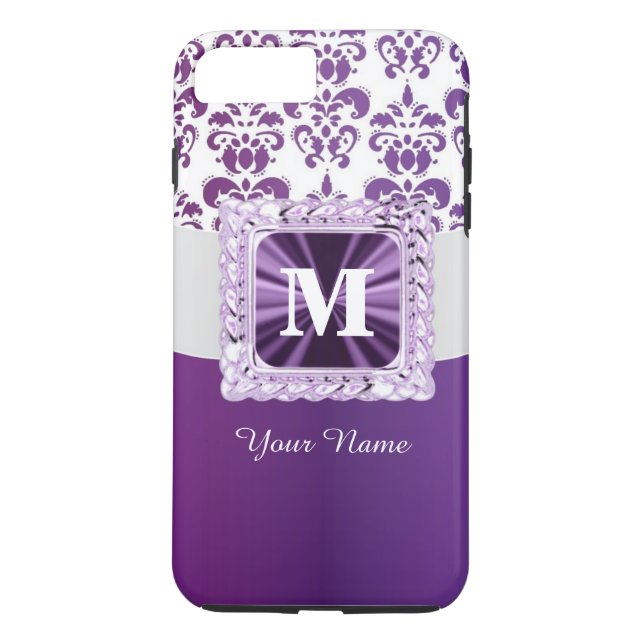 Coques Case-Mate iPhone monogramme pourpre et blanc damassé (Dos)