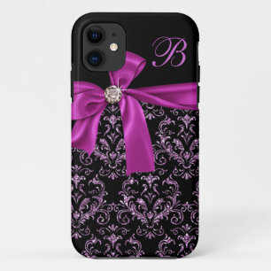 Coques Pour iPhone Monogramme pourpre noir élégant d'arc de diamant