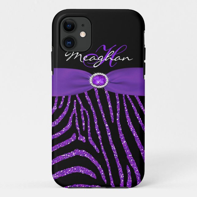 Coques Case-Mate iPhone Monogramme Purple, Parties scintillant noire Zebra (Dos)