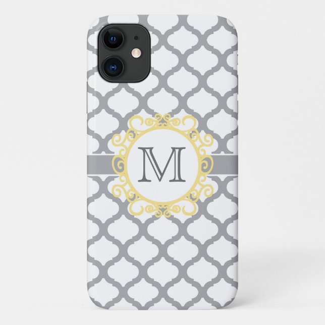 Coques Case-Mate iPhone Monogramme Quatrefeuille Gris et Jaune (Dos)