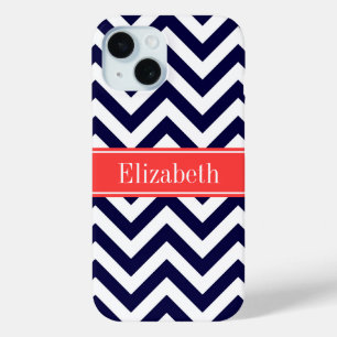 Coque Case-Mate iPhone Monogramme Quatrefeuilles Chevron Lg Navy Coral Ro