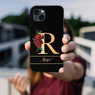 Case-Mate iPhone Case Monogramme R or nom personnalisé rouge roses noir
