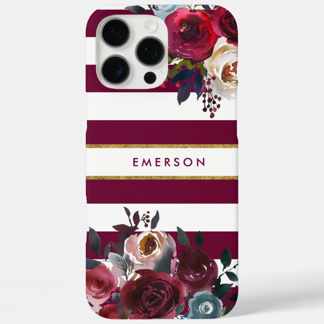 Coques Case-Mate iPhone Monogramme rayé floral boho bordeaux et or (Verso)