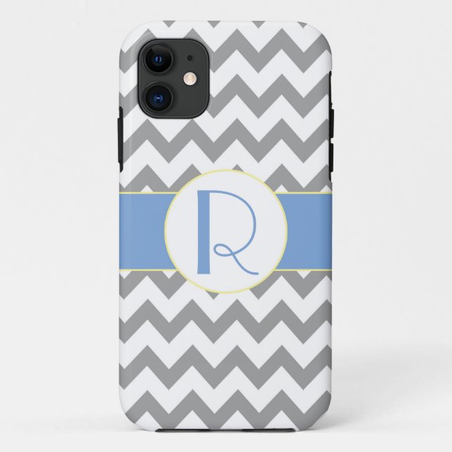 Coques Case-Mate iPhone Monogramme rayé gris et bleu-clair de Chevron (Dos)