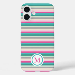 Coque Pour iPhone 16 Plus Monogramme rayé rose pastel